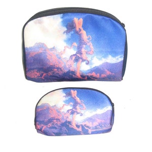 Vintage Salamander 1996 Watsonville Calif. Ecstasy Maxfield Parrish Print Multicolorido Conjunto de 2 peças Grande e pequeno Bolsa para acessórios cosméticos