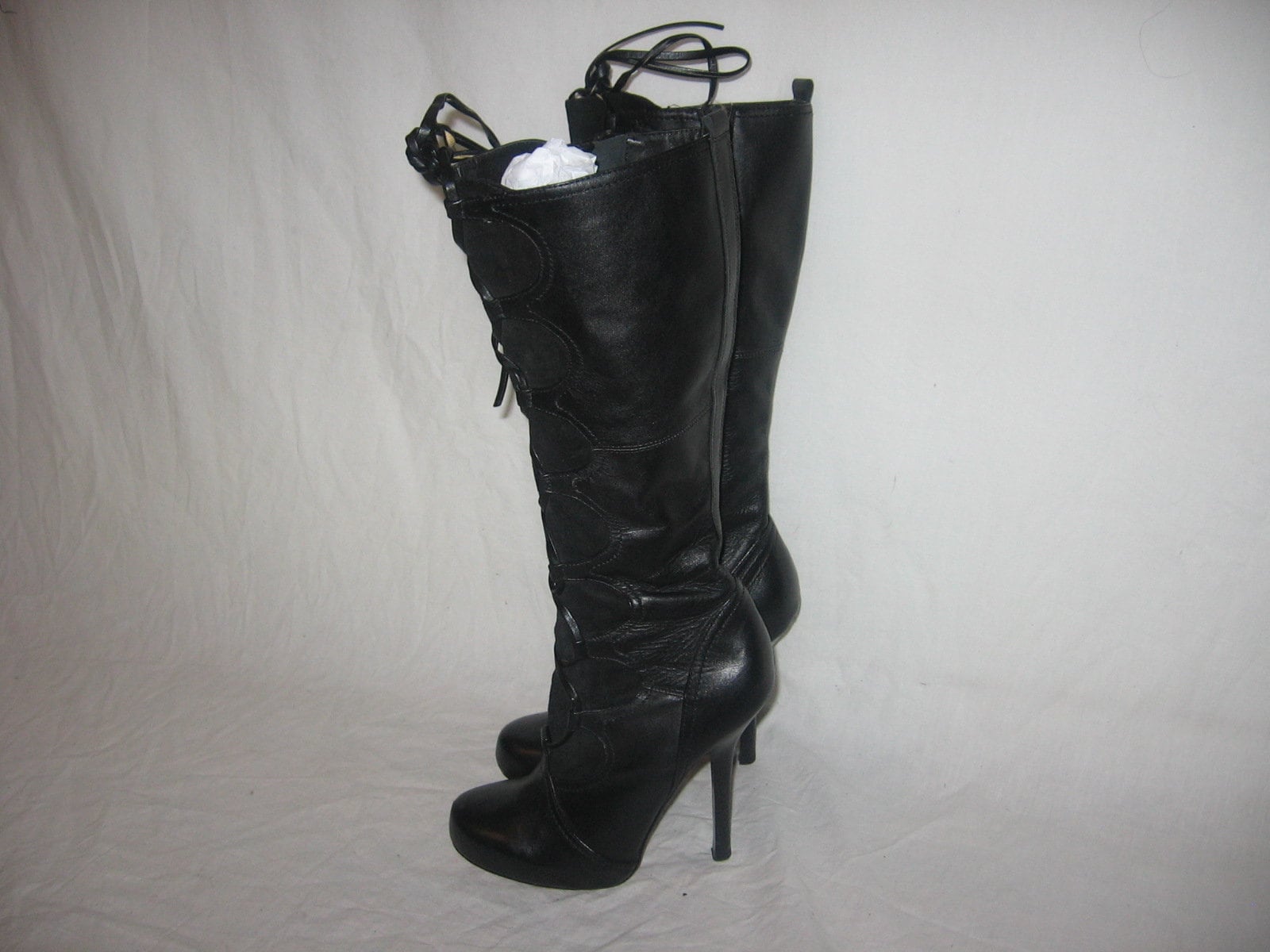 Bottes Bebe En Cuir Noir Mi-mollet Bout Carré - Taille 8M, Occasion, Talon Haut