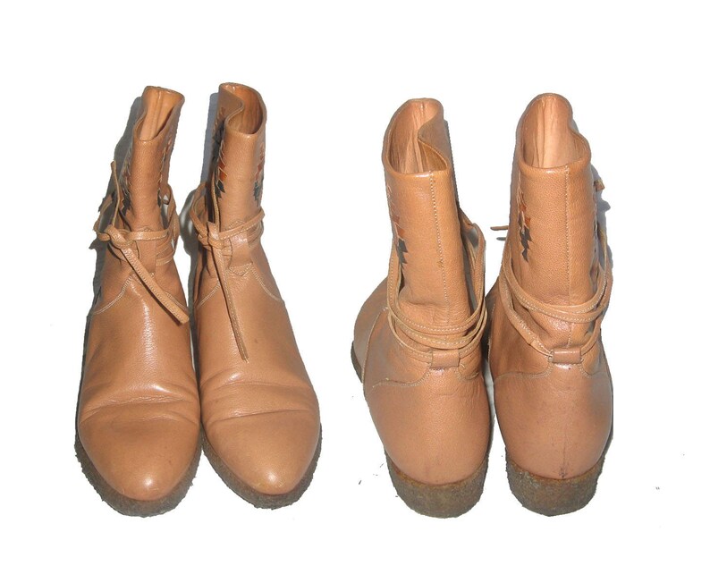 VTG Designer Moya Bowler Beige Multicolor Ethnic Rubber Wedge 1 Low Heel Tie Up Pullon Grunge Boho Leather Above Ankle Booties Boots Shoes image 4