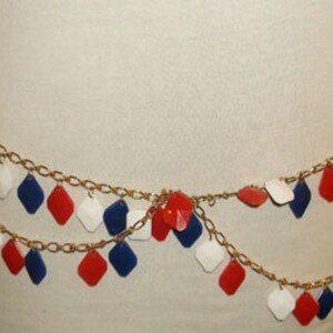 VINTAGE Red White Blue Rare Octogan Shape Beaded Gold Links Chain Stranded Belt