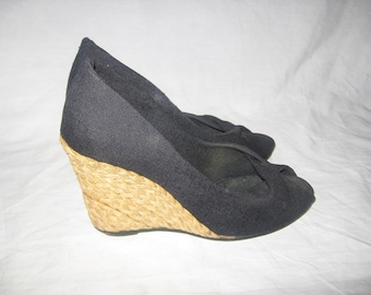 Vintage Mortarotti Made In Italy Black Linen Fabric Braided Straided Straw Raffia Peep Toe Twisted High Wedge Chunky Platform Heel Shoes 36