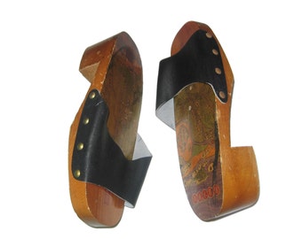 Vintage Wooden Heel Black Leather Chinese Platform Clogs Geisha Sandals Slide Shoes Size Varies See Measurements