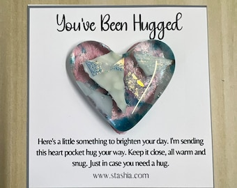 Unique gift handmade fused glass pocket heart hug with customizable card One of a kind