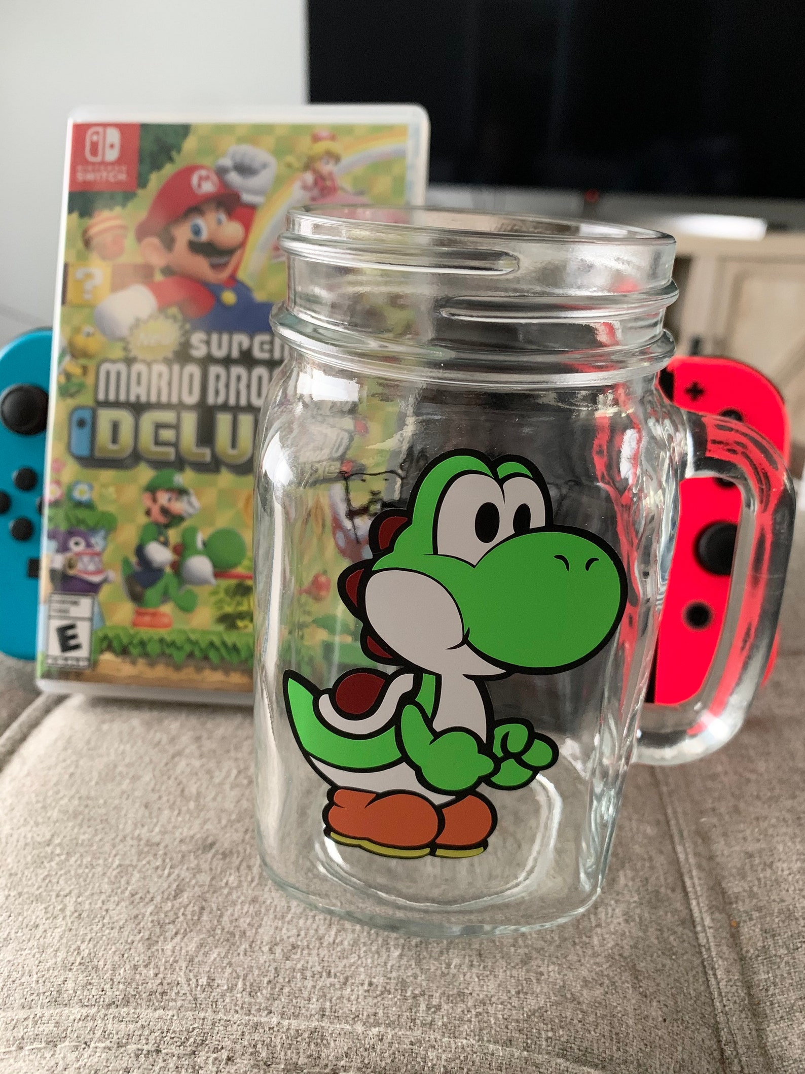 Personalized Yoshi coffee mug with lid and straw. Mason jar. Etsy