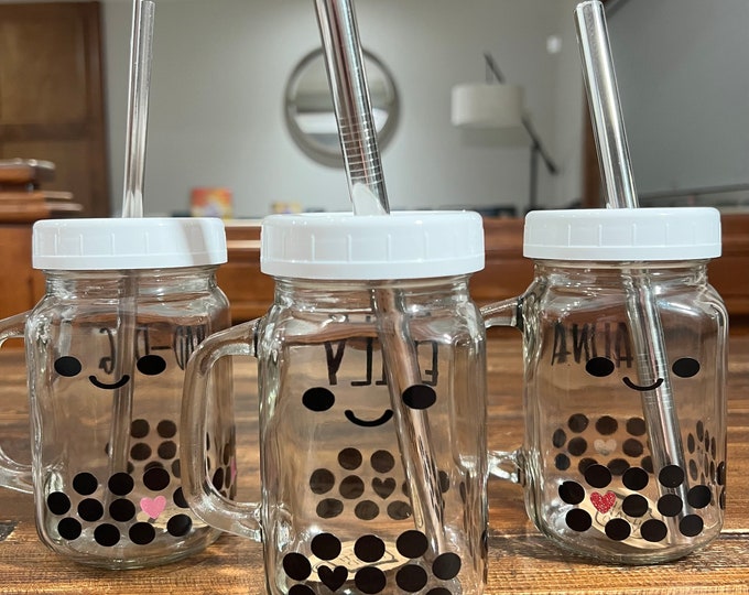 Personalized boba mug with lid and heart-shaped straw.  Bubble tea.  Boba . Bamboo. Reusable