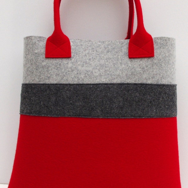 Handmade Bag, Felt Tote, Red and Gray Shopper, Shopping Bag, Wool Felt Shopper