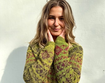 Green sweater Tweed sweater Fair Isle sweater Norwegian sweater Green/Rust Wool Women's sweater Made to order