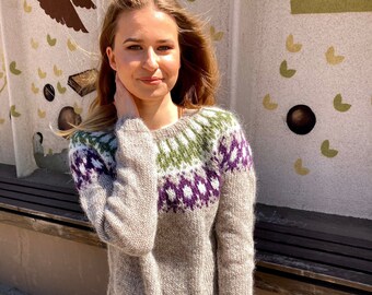 READY TO SHIP Lettlopi Icelandic wool Taupe sweater with purple/green pattern Size L