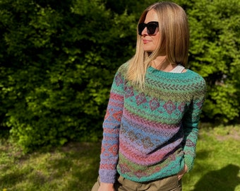 Spring sweater Tweed sweater Fair Isle sweater Norwegian sweater Green/Blue/Pink sweater Wool Women's sweater Made to order