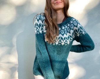 Made to order Emerald green sweater with white Icelandic pattern
