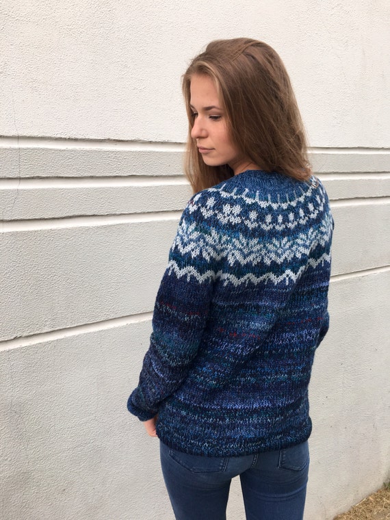 Merino Blue Fair Isle Sweater Icelandic Sweater Made to Order