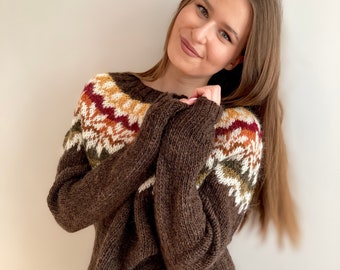 Brown Lettlopi sweater with Icelandic pattern Made to order