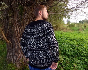 MADE TO ORDER Fair Isle Merino wool Men's Black/White sweater