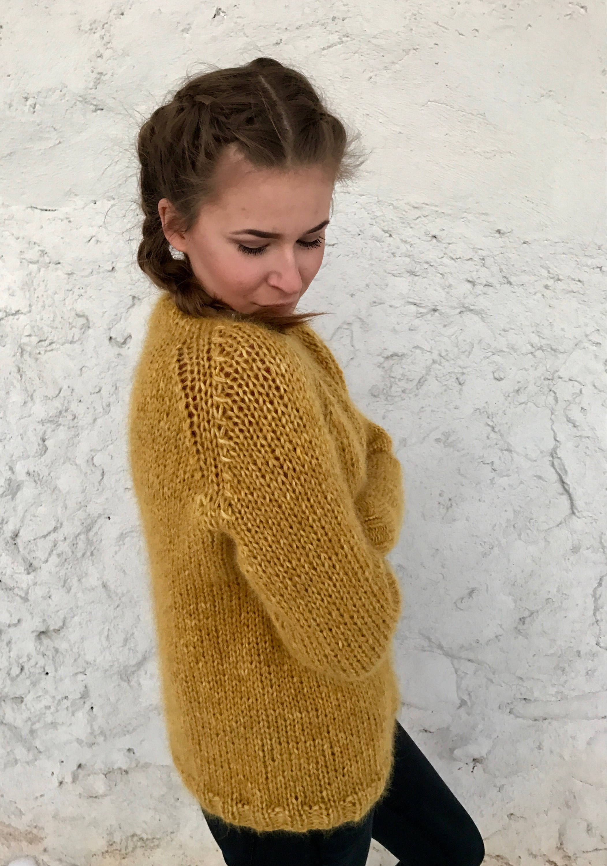 Mustard Yellow Chunky Plus Size Women's Mohair Sweater Made
