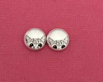 Grey and White Cat Studs, Earrings, Gift