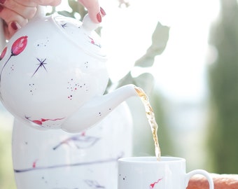 Théière Illustrée pour un original pause thé ou café / Fait main / Peinture sur porcelaine blanche