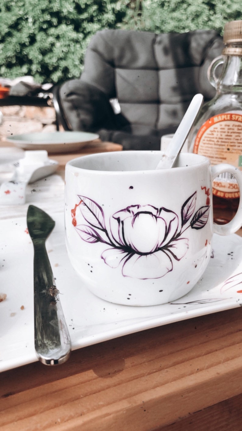 Mug floral, mug café, plumes, porcelaine peinte, tasse café, tasse thé, porcelaine blanche limoges, anniversaire, cadeau crémaillère, jeym image 7