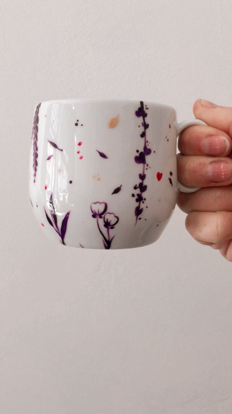 Mug floral, mug café, plumes, porcelaine peinte, tasse café, tasse thé, porcelaine blanche limoges, anniversaire, cadeau crémaillère, jeym image 2