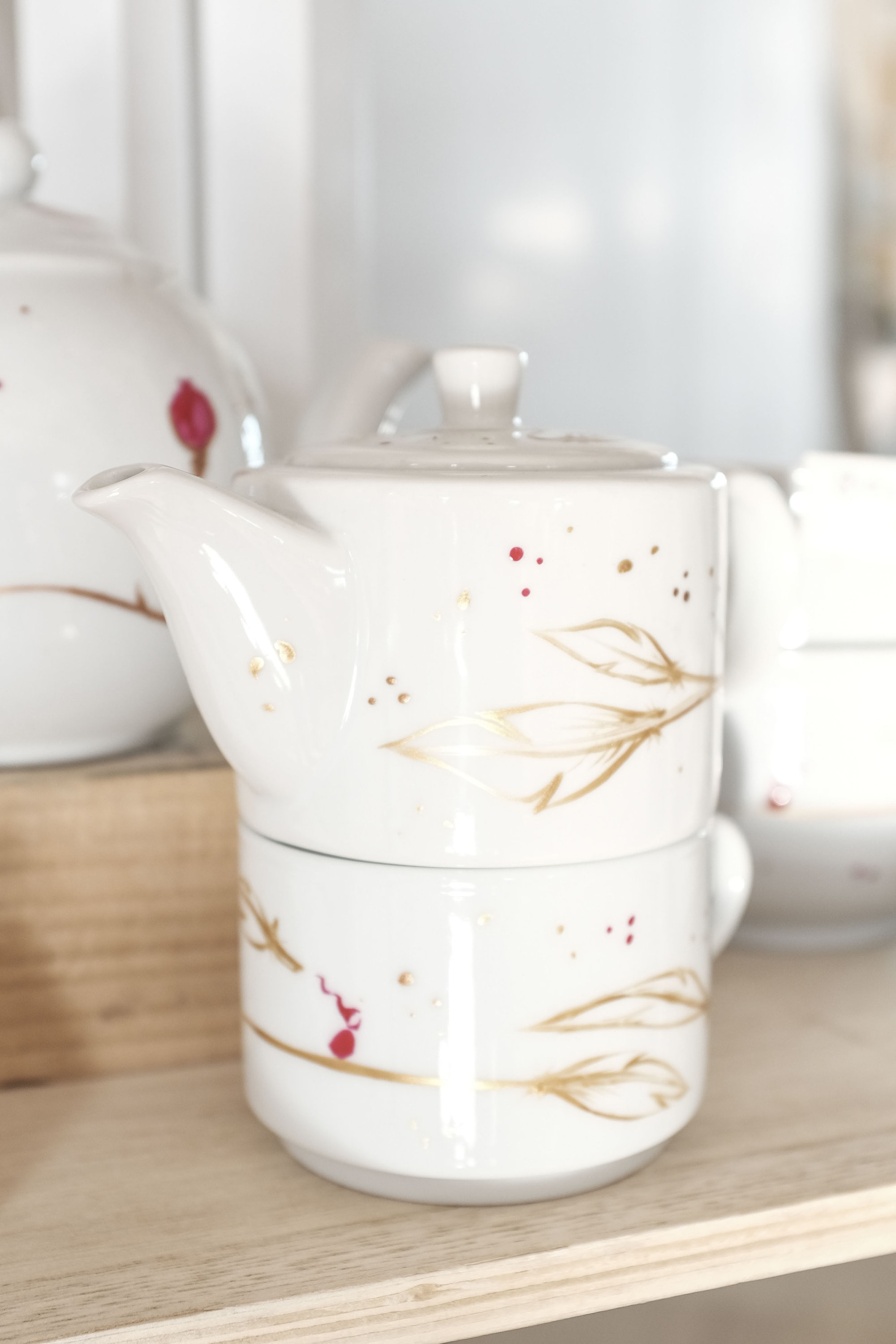 Théière Empilable Droite avec Tasse Monodose Illustrée Pour Cocooning/ Fait Main/Peinture sur Porcel