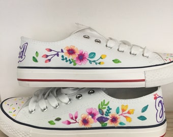 personnalization wedding shoes, floral shoes, colored painting designs, custom sneakers wedding, white hand paint shoes, jeym