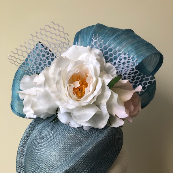 Light Blue fascinator with white roses and netting. Made to order!