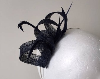 Navy Sinamay Loop Fascinator with Biot Feathers on Headband
