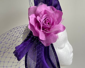 New Purple fascinator with silk abaca loops, feathers netting and flower!