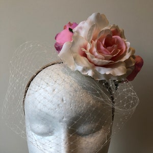 NEW Cream headband fascinator with netting and pink and cream flowers! Made to order