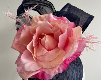 Navy and pink fascinator with flower and feathers! Made to order..