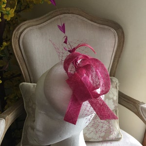 Gorgeous white round fascinator with magenta loops, feathers and netting. Made to order image 2