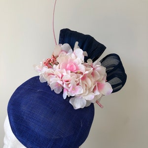 New cobalt blue fascinator with hydranger flowers and quill on a headband!