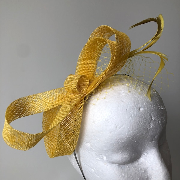 NEW Yellow sinamay loop fascinator with feathers and netting on a silver metal headband!