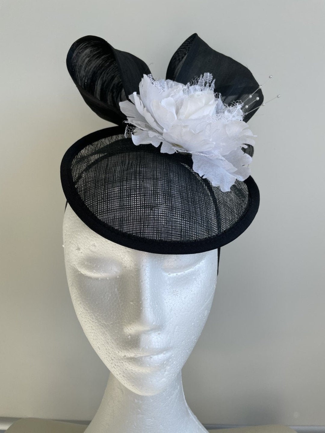 Black Saucer Fascinator With Silk Abaca Loops and a White Etsy