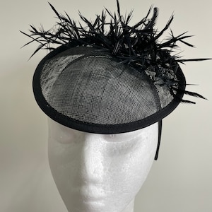 Black saucer fascinator with black feathers with a headband. Made to order!