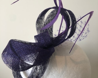 Purple Sinamay Loop Fascinator, Feather & Netting Headband
