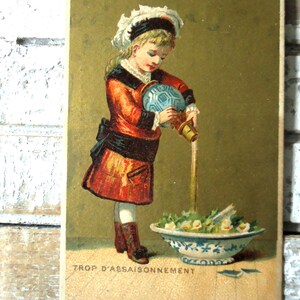 Antigo cartão de troca francês - Desenho de uma menina regando plantas, cartão de troca vitoriano, anúncio de Saurou Cayla, 1900