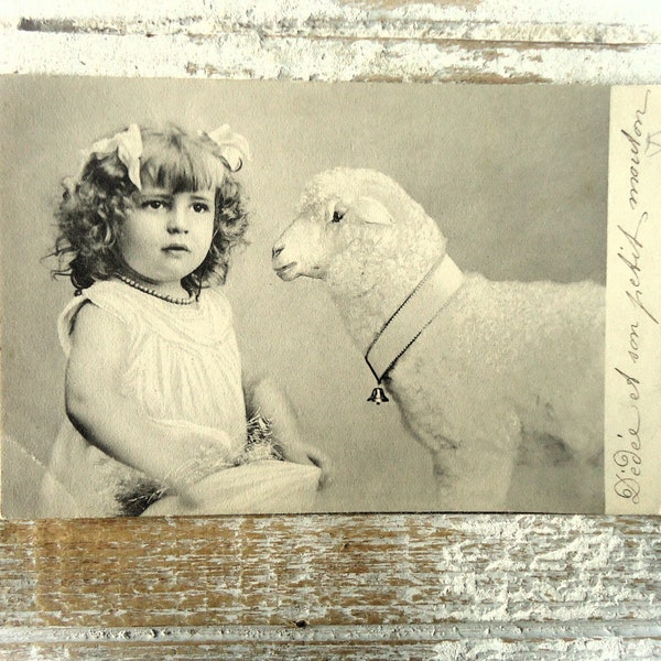 Antique Easter postcard - Little girl child, hair ribbons necklace, lamb sheep animal, collar little bell, spring french sepia tinted 1900