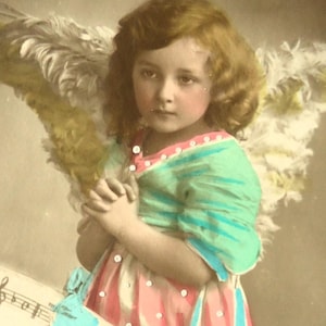 Antique angel postcard - Little child girl, portrait Christmas, big wings music sheet notes, prayer praying, french tinted 1900