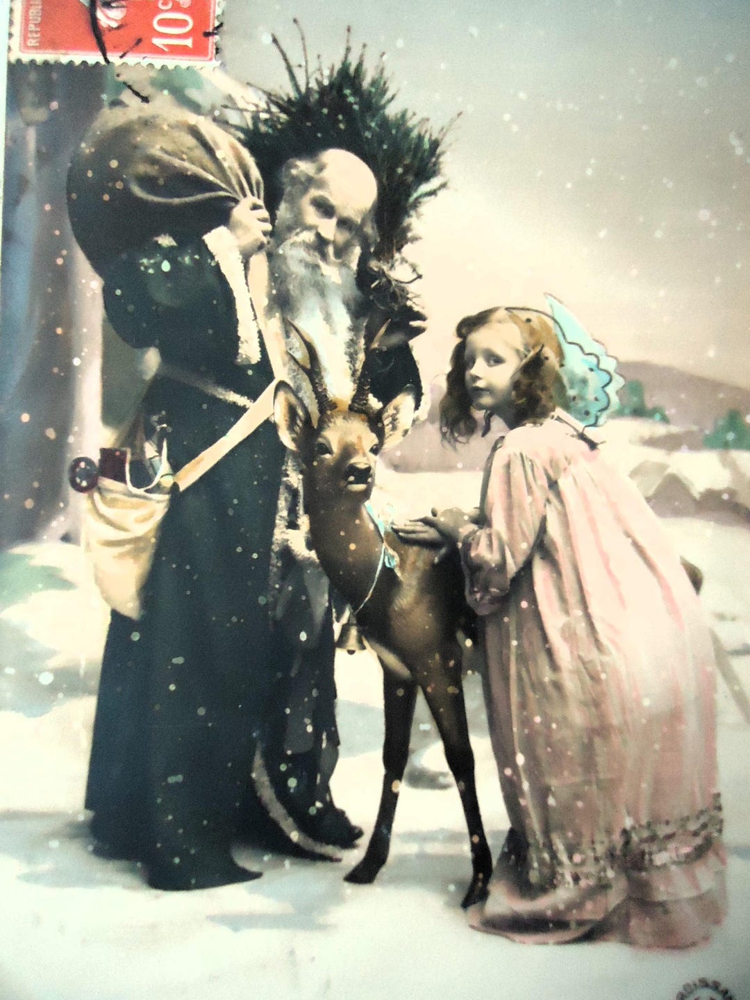 *アンティークポストカード　クリスマスにピアノを奏でる少女とママ アンティークポストカード クリスマスにピアノを奏でる少女とママ