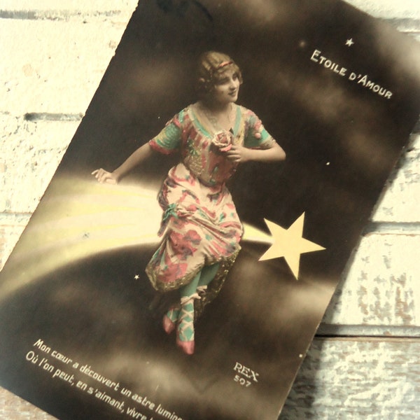 Surrealistic star tail postcard - Woman Edwardian dress, night sky stars, photo montage Belle Epoque, antique french hand tinted 1900