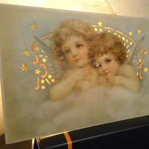 Antieke kaart - lichte slijtage - Twee engelenmeisjes, tekenen sterrenwolken, uitgesneden stukken, ansichtkaart met speciaal effect, Frans getint 1900