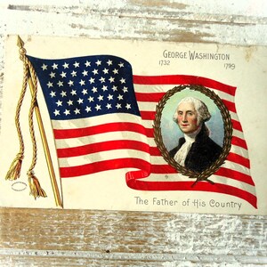 Carte postale américaine ancienne - Président George Washington, drapeau américain patriotique, étoiles et rayures, père de son pays, teintée 1900