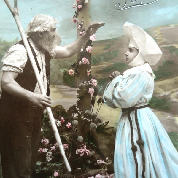 Antique french nun postcard - Nun, farmer, big cross, flowers, landscape, hand tinted, glossy, 1910