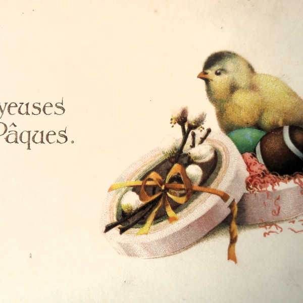 Antike Oster Postkarte - Zeichnung kleines Huhn, Tier Vogel, Frohe Ostern, Schachtel Bogen Schleife, Ostereier