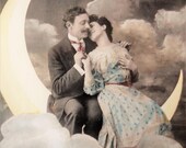 Vintage Valentine paper moon postcard - Romantic couple man woman, sky night evening, clouds Edwardian fashion, french hand tinted 1900