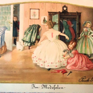 Carte postale ancienne de Pauli Ebner - Drawing Im Modesalon, magasin de vêtements, belles robes, tailleur de miroirs, teintée 1900