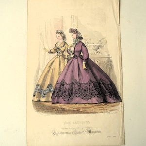 Grote originele Franse print - om in te lijsten, dun papier, tekenmodus, mode jaren 1800, twee vrouwen, Engelse Domestic Magazine, blanco achterkant