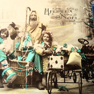 Postal navideña antigua: Papá Noel, niña, regalo, juguete, coche, calle, puente, París, personal, francés, tintado, 1900