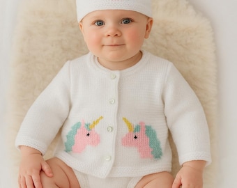 Baby Unicorn Cardigan Knitting Pattern: DK Jacket & Hat (0-18 Months) (Digital Pattern)