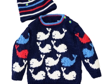 Baby Whale Sweater and Hat Aran Knitting Pattern (Ages 3-24 Months) Digital File